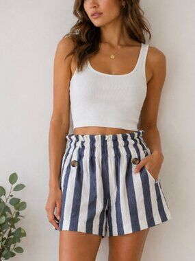 American Eagle Striped Paperbag Waist Shorts Blue White Linen Blend Size S